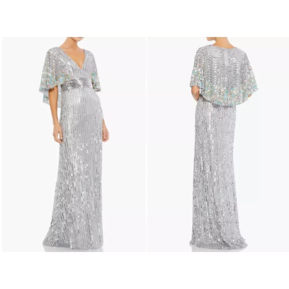 Mac Duggal Sequined V Neck Floral Embellished Cape Sleeve Gown Platinum 6 Nwt